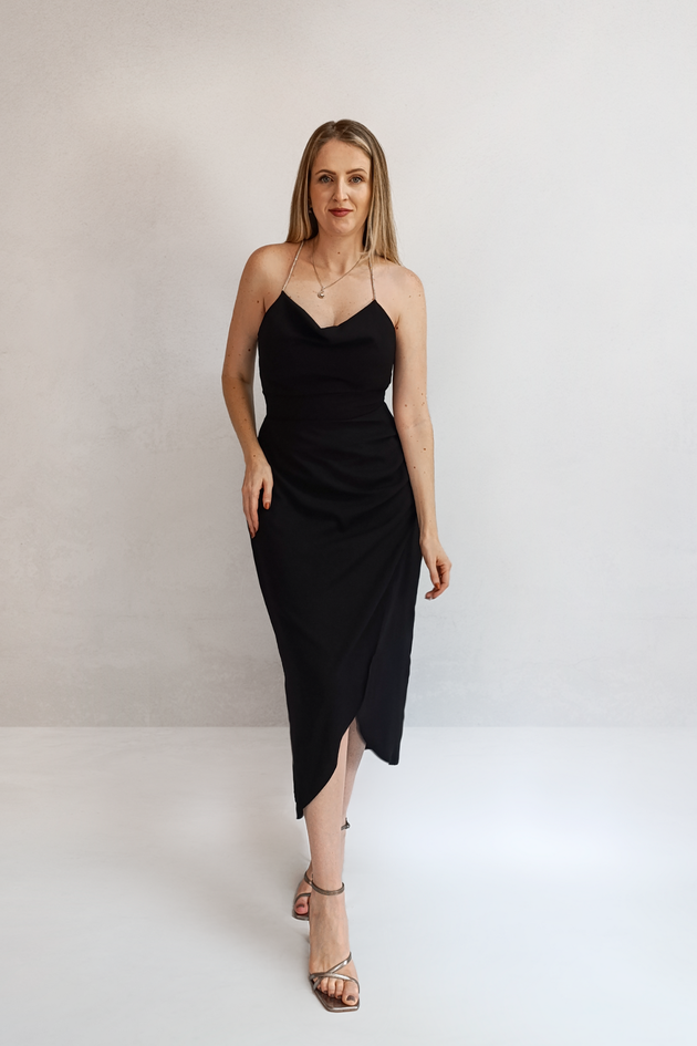 Vestido Midi Drapeado Alça Strass Preto Audere Clothes